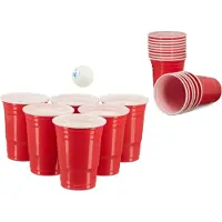 Relaxdays Set de bière 51 pièces, fût de bière de 2,5 litres avec robinet, lot de 50 gobelets rouges, gobelets de fête pour le beer pong