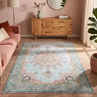 FRAAI Tapis vintage | Lily Medallion Bleu Clair | 80x150cm | Bleu | Rectangulaire | Tapis