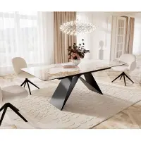 DELIFE Table à manger Edge 180-220x100 céramique Minas mélange blanc-beige cadre en V acier plat noir extensible