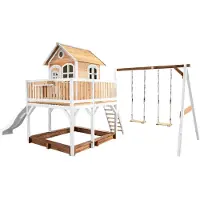 Axi Liam Maison Enfant Avec Bac À Sable, 2 Balançoires & Toboggan Blanc | Aire De Jeux Pour L'Extérieur En Marron & Blanc | Maisonnette / Cabane De