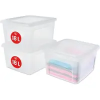IRIS OHYAMA , boîtes en plastique avec couvercle incurvé et fermetures, 18 litres, lot de 3, empilables, sans BPA, idéales pour le bureau ou le salon, modèle MCB-18, transparent