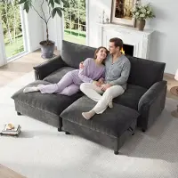 Merax Canapé modulaire Cloud, 4 places, d'angle, avec fonction couchage, 2 poufs de rangement, revêtement en velours, canapé profond pour salon, couleur gris