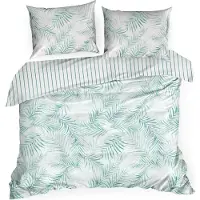Eurofirany | Linge de lit - Literie - 220 x 200 - Satin de coton - blanc et vert - Ensemble de housse de couette - Motif à feuilles