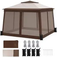 Costway Pavillon 3,3 x 3,3 m, pavillon de jardin à double toit, 4 parois latérales, tente de réception pliable à hauteur réglable, sac de transport à roulettes inclus