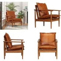vidaXL Fauteuil brun cuir véritable avec bois d'acacia - Fauteuil - Chaise avec accoudoirs - Chaise