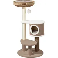 Fudajo Forest Lodge : Arbre à chat de 117 cm, couleur beige, comprenant une maison pour chat, un lit pour chat, un élément de massage et des poteaux à griffer en corde