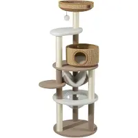 Fudajo Forest Lodge : Arbre à chat beige de 168 cm, comprenant une maison pour chat, un lit pour chat, une hamaca, un espace de repos transparent et des poteaux à griffer en corde de papier