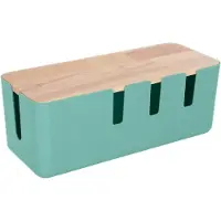 Relaxdays Boîtier de rangement pour câbles , pour 2 multiprises, couvercle en bois, plastique, pour dissimuler les câbles, D x L x H : 11,5 x 30,5 x 12,5 cm, couleur menthe
