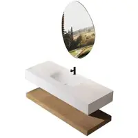 360Home Ensemble de salle de bain avec lavabo blanc - pierre frittée - miroir LED, tablette marron et garniture d'écoulement, 120×55 cm【R557】