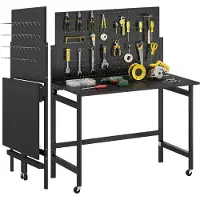 HOMCOM Établi d'atelier mobile pliable panneau perforé 12 crochets acier bois noir