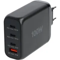 Goobay 65555 Chargeur rapide multiport USB-C PD GaN (100 W) noir, noir - 3x ports USB-C (Power Delivery) et 1x port USB-A (Quick Charge)