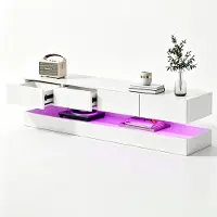 MODFU Meuble TV Élégant avec Éclairage LED et 2 Tiroirs - Meuble Bas Blanc et Noir pour Téléviseur, MDF, 130×33×15 cm