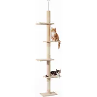 Fudajo Arbre à chat - 230-276 cm de haut - Hauteur de plafond réglable - Meuble grattage félin peluche - Couleur beige - avec 4 Niveaux, sisal et plate-forme