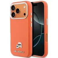 Karl Lagerfeld - Leather MagSafe K&C Head Pin (KLHMP17X6PFKCLO) - iPhone 17 Pro Max - Orange (Apple iPhone 17 Pro Max), Coque pour téléphone portable, Orange