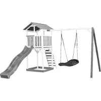Axi Beach Tower Aire De Jeux Avec Toboggan En Gris, Balançoire Nid D'Oiseau Noir & Bac À Sable | Grande Maison Enfant Extérieur En Gris & Blanc |