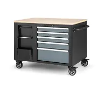 HBM Chariot à outils mobile avec établi de 114 cm et plan de travail en bois, noir/gris