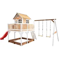 Axi Liam Maison Enfant Avec Bac À Sable, 2 Balançoires & Toboggan Rouge | Aire De Jeux Pour L'Extérieur En Marron & Blanc | Maisonnette / Cabane De