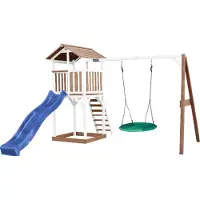 Axi Beach Tower Aire De Jeux Avec Toboggan En Bleu, Balançoire Nid D'Oiseau Vert & Bac À Sable | Grande Maison Enfant Extérieur En Marron & Blanc |