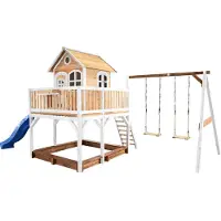 Axi Liam Maison Enfant Avec Bac À Sable, 2 Balançoires & Toboggan Bleu | Aire De Jeux Pour L'Extérieur En Marron & Blanc | Maisonnette / Cabane De