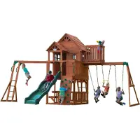 Backyard Discovery Skyfort Ii Aire De Jeux En Bois | Portique Balançoire Avec Mur D'Escalade, Toboggan Et Balançoire, Trapèze | Barre De Singe, Jeux