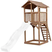 Axi Beach Tower Aire De Jeux Avec Toboggan En Blanc & Bac À Sable | Grande Maison Enfant Extérieur En Marron | Cabane De Jeu En Bois