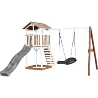 Axi Beach Tower Aire De Jeux Avec Toboggan En Gris, Balançoire Nid D'Oiseau Noir & Bac À Sable | Grande Maison Enfant Extérieur En Marron & Blanc |