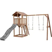 Axi Beach Tower Aire De Jeux Avec Toboggan En Gris, 2 Balançoires & Bac À Sable | Grande Maison Enfant Extérieur En Marron | Cabane De Jeu En Bois