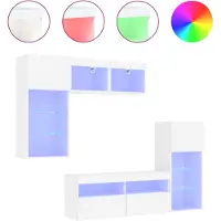 vidaXL Meuble-paroi 5 pièces avec éclairage LED Blanc Matériau dérivé du bois