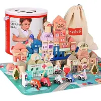 Ramiz Blocs de ville en bois Pour les enfants à partir de 3 ans, Tapis de sol pour puzzle + Trieur de formes + Blocs, 115 pièces.
