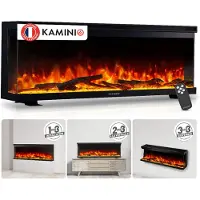 KAMINIO Cheminée électrique LEA - Cheminée électrique 3 en 1 avec vue panoramique, chauffage, effet de flammes 3D, 12 couleurs de flammes, télécommande - 50 pouces