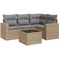 vidaXL salon de jardin 5 pièces avec coussins Beige Poly Rattan