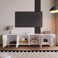 MODFU Meuble TV avec Rangement Pratique et 4 Portes, Design Épuré avec Pieds en Bois et Surface Effet Marbre, MDF, Blanc, 180x40x44 cm