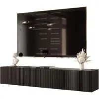 Idohome Meuble TV bas Angel 200 cm noir mat - Meuble TV, meuble suspendu, LED, Push-to-Open, meuble télévision, façade rainurée, meuble multimédia, salon
