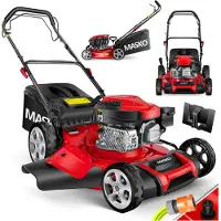 MASKO Tondeuse à essence 5 en 1, propulsion sur les roues, fonction mulching, réglage de la hauteur de coupe en 8 positions, avec bac de ramassage inclus