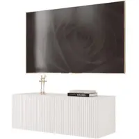 Idohome Meuble TV bas Angel 100 cm blanc mat - Meuble TV, meuble suspendu, LED, Push-to-Open, meuble télévision, façade rainurée, meuble multimédia, salon