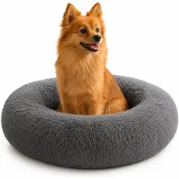 Belviona Lit pour chien Donut, lit douillet en peluche avec rembourrage moelleux, maintien sûr & bord ergonomique, 60 cm de diamètre, anthracite