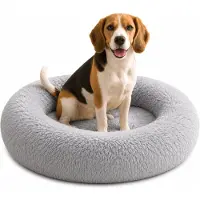 Belviona Lit pour chien Donut, lit douillet en peluche avec rembourrage doux, maintien sûr & bord ergonomique, 80 cm de diamètre, gris clair