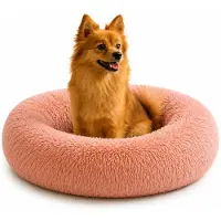 Belviona Lit pour chien Donut, lit douillet en peluche avec rembourrage doux, maintien sûr & bord ergonomique, 60 cm de diamètre, vieux rose