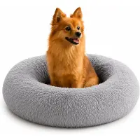 Belviona Lit pour chien Donut, lit douillet en peluche avec rembourrage moelleux, maintien sûr & bord ergonomique, 60 cm de diamètre, gris clair