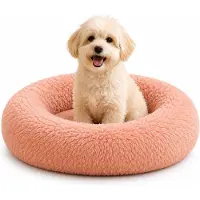 Belviona Lit pour chien Donut, lit douillet en peluche avec rembourrage moelleux, maintien sûr & bord ergonomique, 50 cm de diamètre, vieux rose