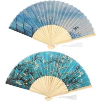 Gistuch Lot de 2 éventails pliants en bambou, peints à la main à l'encre de Chine avec des motifs de fleurs d'abricotier, pour la décoration