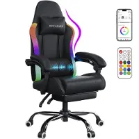 GTPLAYER , chaise de gaming, chaise de bureau, fauteuil gamer avec barre de LED et fonction de massage, chaise ergonomique pour PC avec télécommande, noire