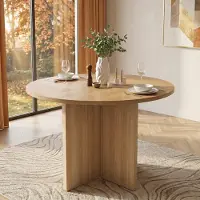 Flieks Table ronde en bois massif, avec pieds réglables et coussinets, adaptée pour 4 à 6 personnes, dimensions : 120x120x75 cm, idéale pour la salle à manger ou la cuisine, finition chêne