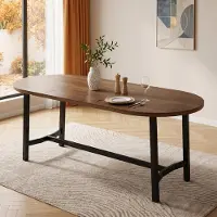 Flieks Table à manger avec coins arrondis, pieds en fer, adaptée pour 6 à 8 personnes, dimensions : 180x80x75 cm, table de salle à manger, table de cuisine, couleur bois noyer