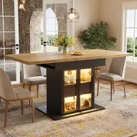 Flieks Table extensible avec espace de rangement, éclairage LED RGB, dimensions 110–140 cm, table de cuisine avec portes coulissantes en verre, poignées discrètes intégrées, couleur noire