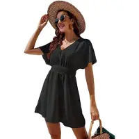 Torribaly Robe de plage décontractée à col en V et volants pour femme, couleur unie, manches courtes, ample, noire, taille XXL