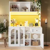 Sonstiges Armoire de cuisine haute avec éclairage LED et porte en verre, meuble de rangement, vitrine, buffet, blanc, 120x35x167 cm