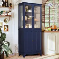 Sonstiges Armoire de cuisine avec porte en verre, grande armoire de rangement, couleur bleue, en MDF, avec étagères réglables
