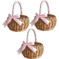 Torribaly Panier à fleurs en osier tressé 3X, avec poignée et ruban rose, cadeau de mariage