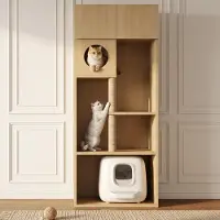 Flieks Arbre à chat , griffoir pour chat, meuble à chat avec colonne à griffer, meuble de rangement pour chats, dimensions : 80 x 45 x 193 cm, finition naturelle